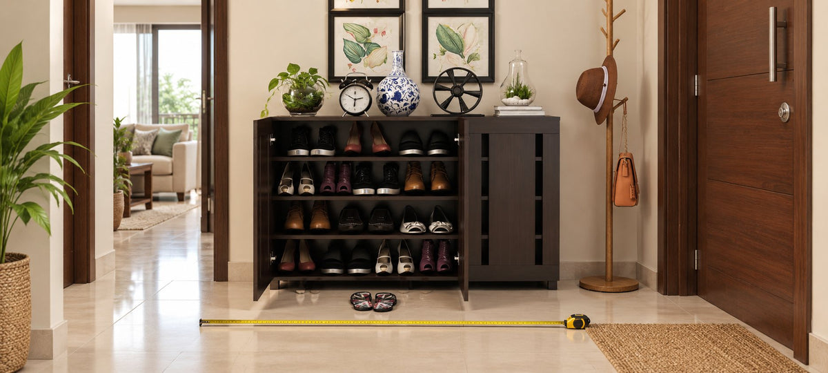 Minimal three-door shoe cabinet in a narrow entryway with a measuring tape on the floor