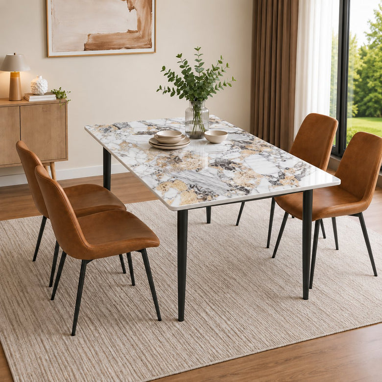 Eclipse 4 Seater Sintered Stone Dining Set (120 x 80 cm) - Midas White, Tan Chairs – photo 1