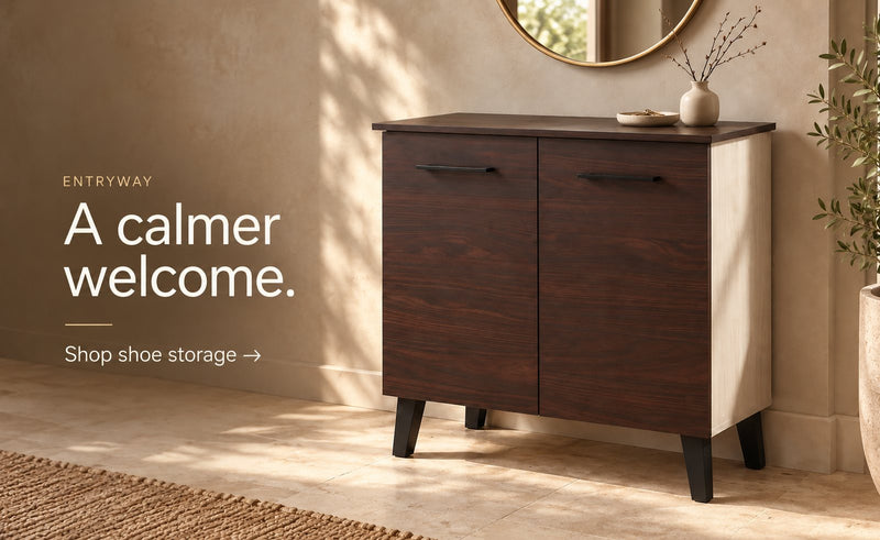 A two-door shoe cabinet in a sunlit entryway: A calmer welcome