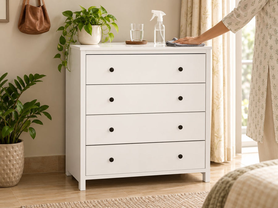 Wiping the top of a Furniva Iris chest of drawers with a soft microfibre cloth