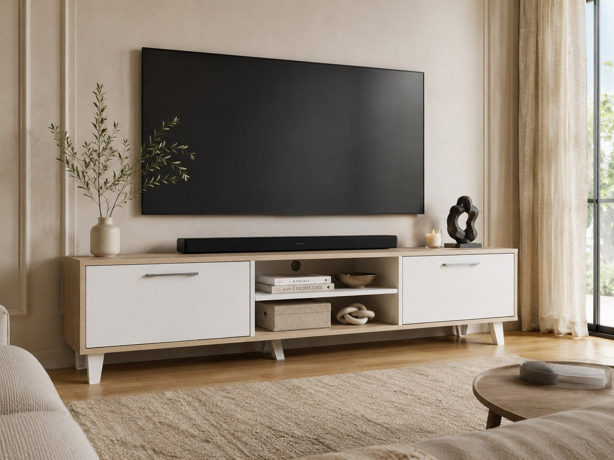 75 inch TV wall-mounted above the 180 cm Furniva Kumo TV unit in Oak and White