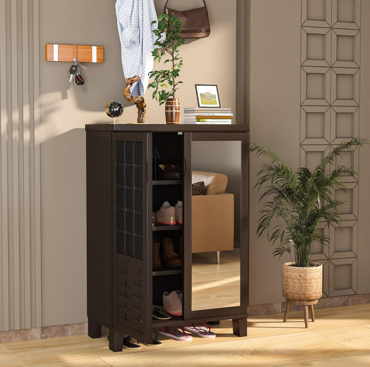 Furniva Zest Style Two Door Shoe Rack with Mirror, Wenge – view 5