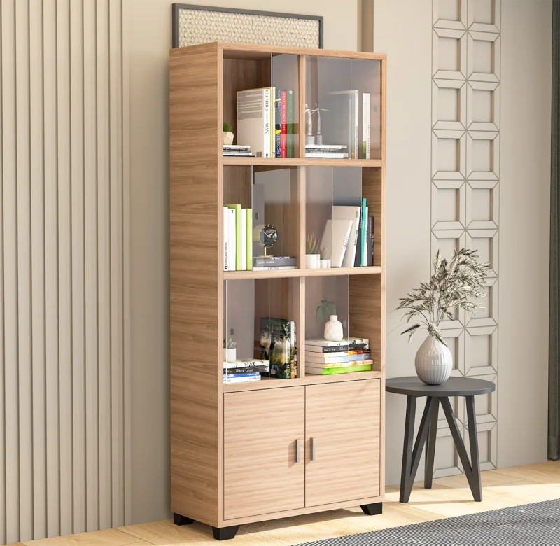 Furniva Shelvo Bookshelf with Glass Doors - Modern Oak - front view