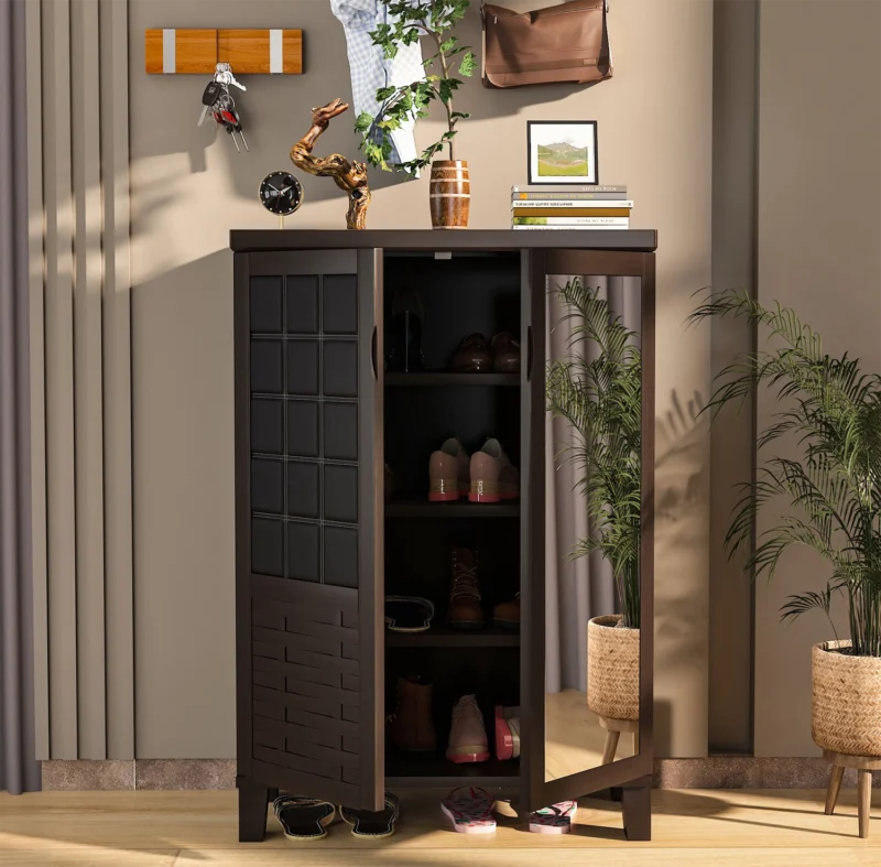 Furniva Zest Style Two Door Shoe Rack with Mirror - Wenge - front view