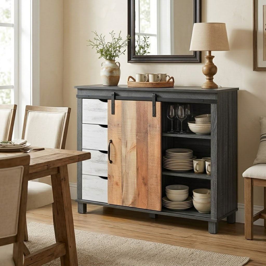 Avenbury 4 Drawer Barn Door Sideboard - Rustic Oak