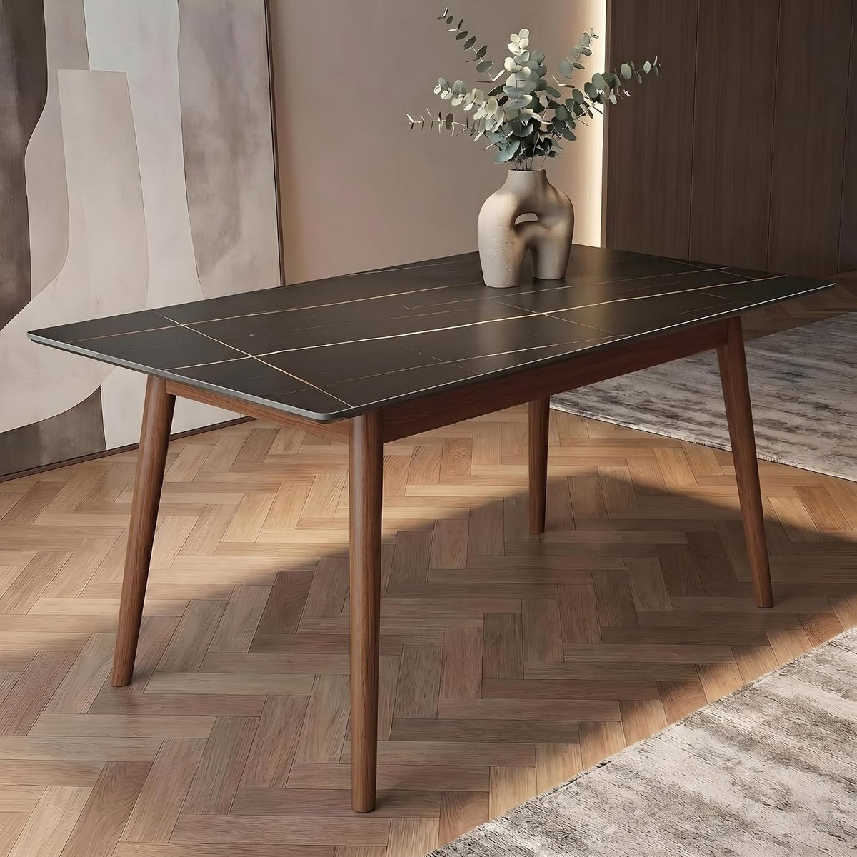 Como 140 cm Sintered Stone Dining Table with Wooden Legs - Galaxy Black