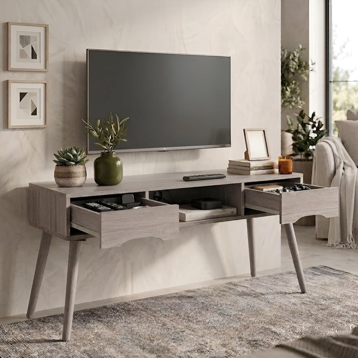 Elara TV Unit with Solid Wood Legs - Ash Grey