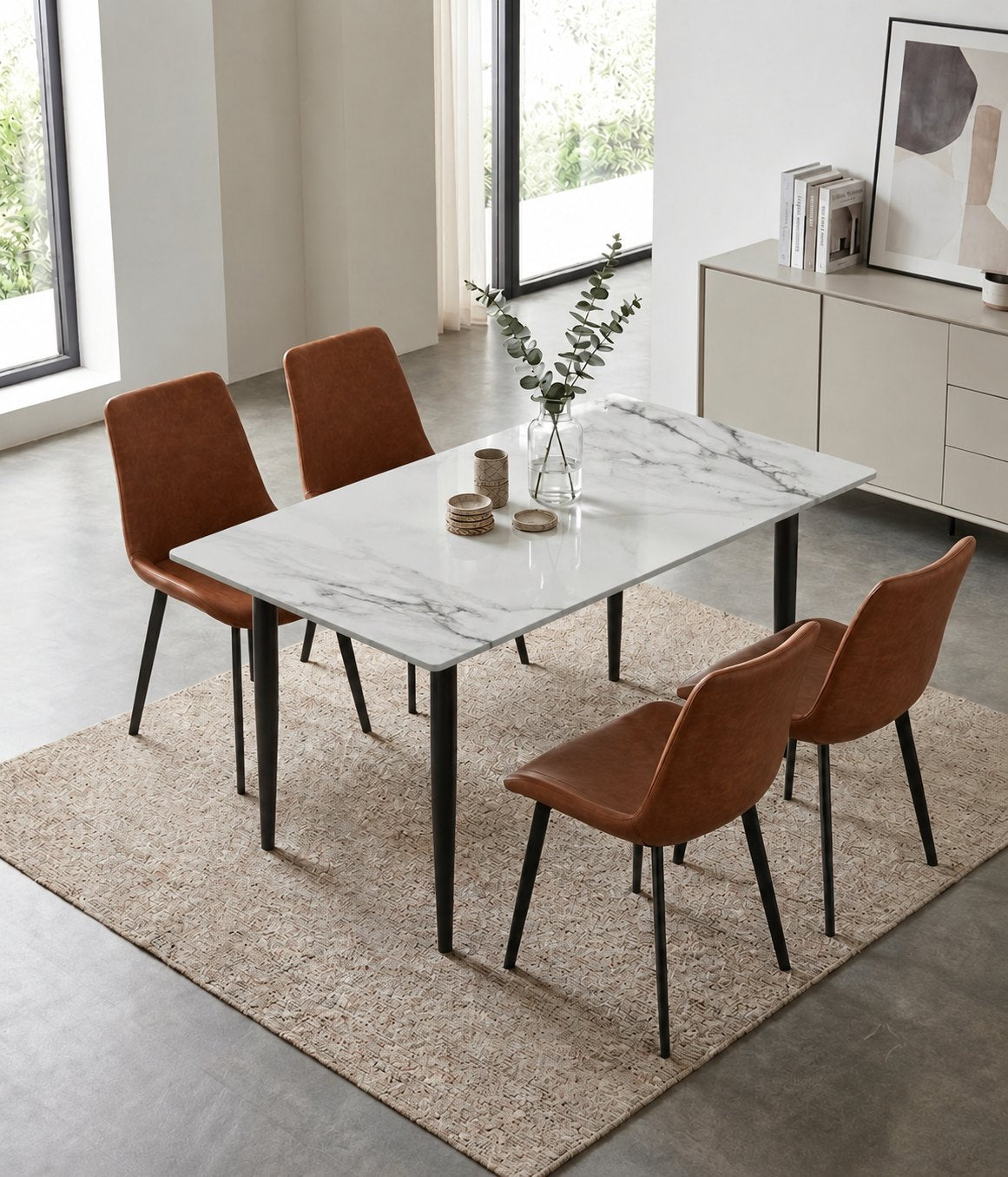 Eclipse 4 Seater Sintered Stone Dining Set (120 x 80 cm) - Fairy White, Tan Chairs – photo 2