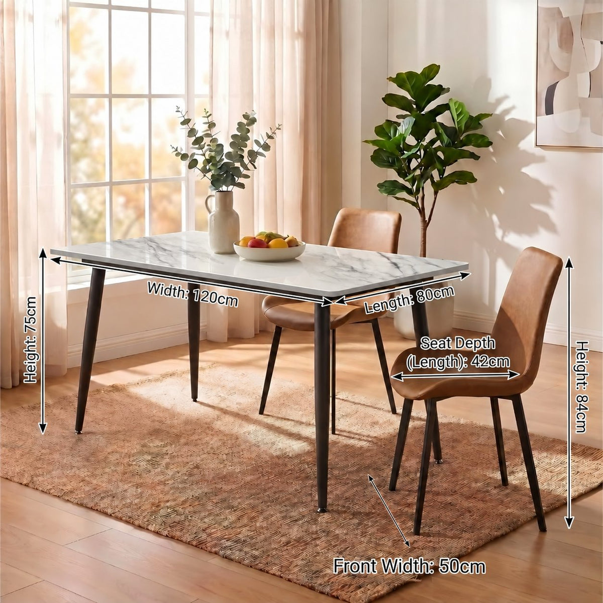 Eclipse 4 Seater Sintered Stone Dining Set (120 x 80 cm) - Fairy White, Tan Chairs – photo 3