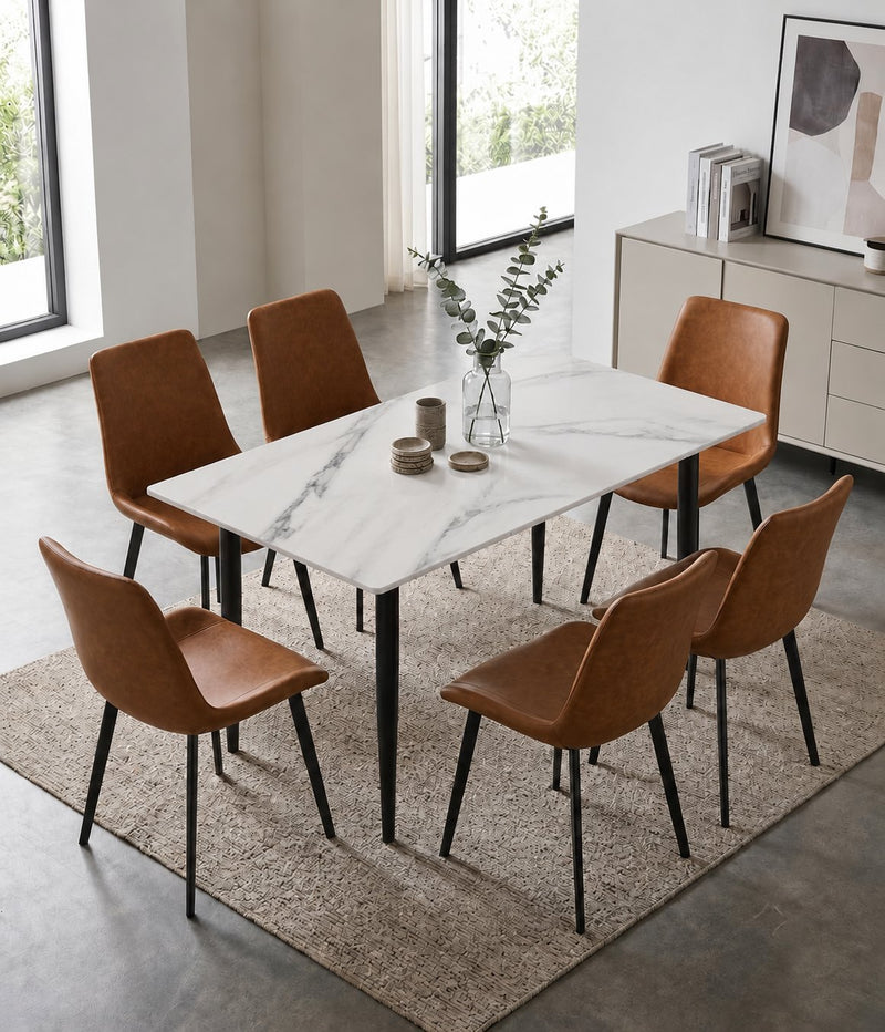 Eclipse 6 Seater Sintered Stone Dining Set (140 x 80 cm) - Fairy White, Tan Chairs – photo 1