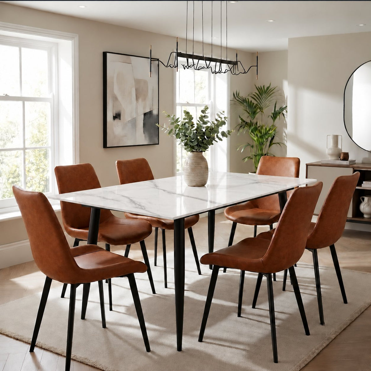 Eclipse 6 Seater Sintered Stone Dining Set (140 x 80 cm) - Fairy White, Tan Chairs – photo 2