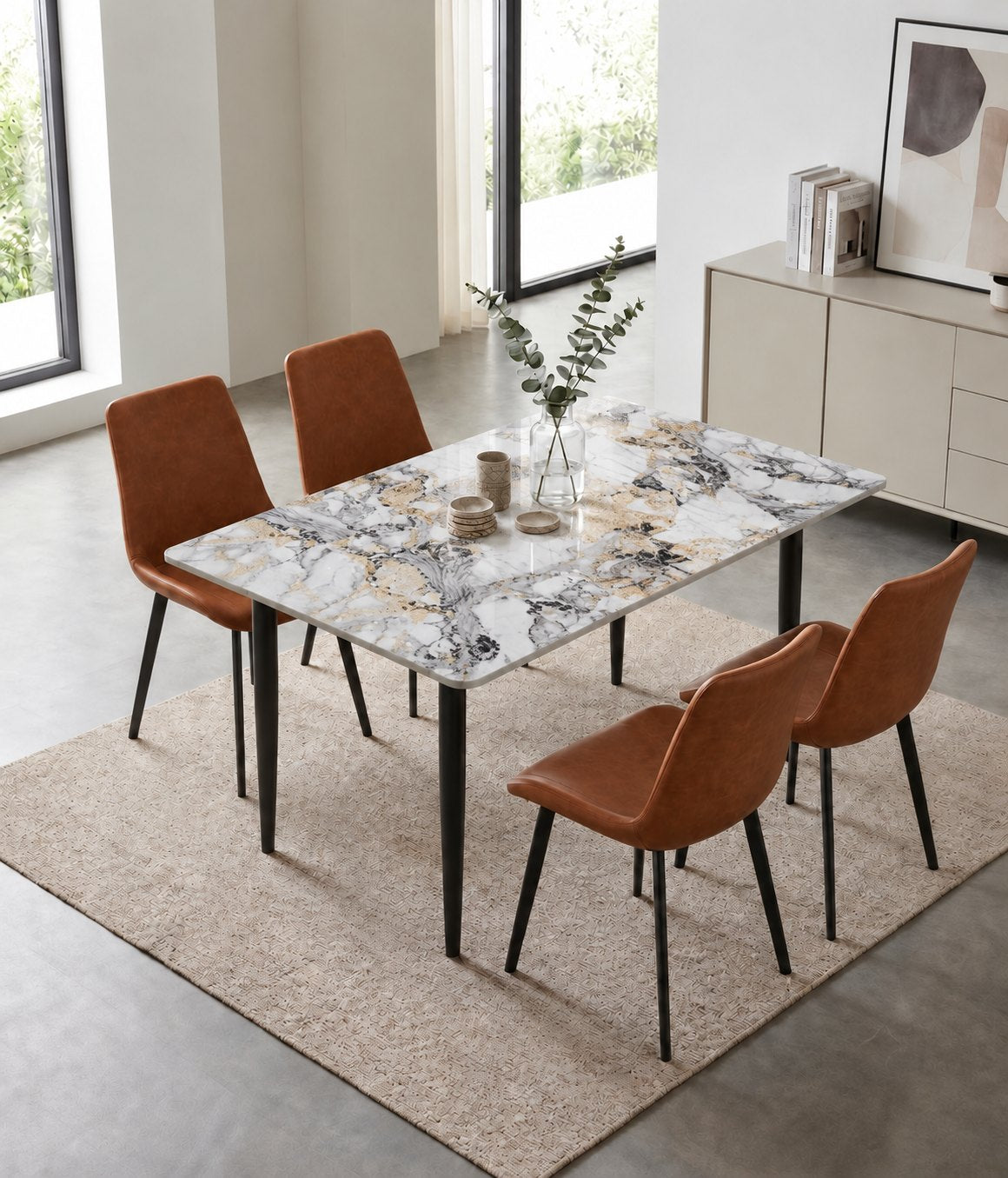 Eclipse 4 Seater Sintered Stone Dining Set (120 x 80 cm) - Midas White, Tan Chairs – photo 2