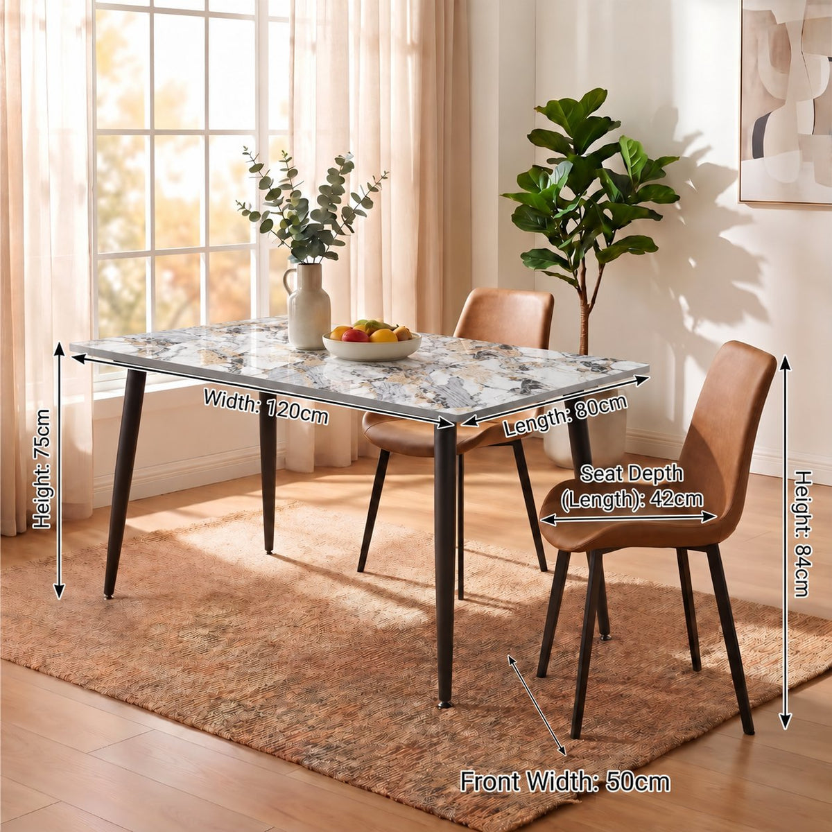 Eclipse 4 Seater Sintered Stone Dining Set (120 x 80 cm) - Midas White, Tan Chairs – photo 3