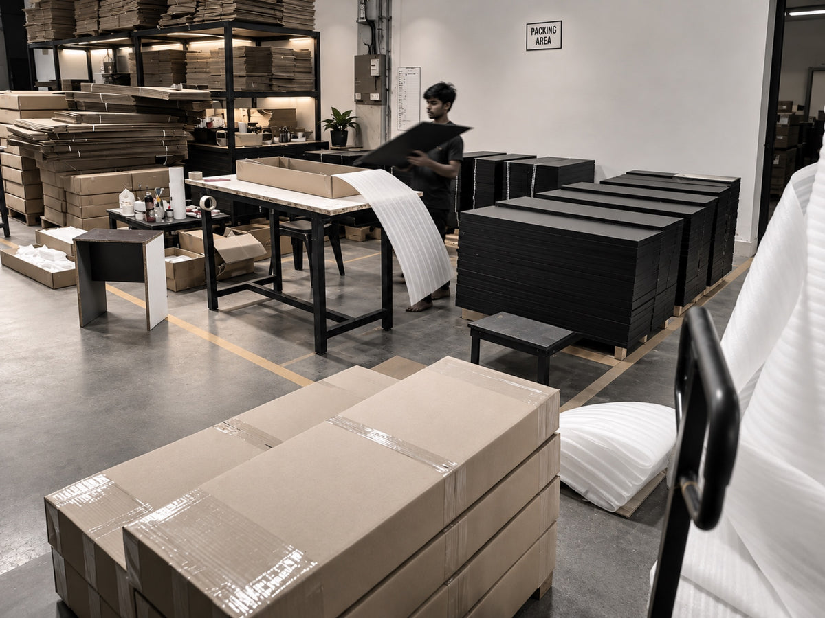 Furniva packing area: flat-packed panels being wrapped in foam and boxed before dispatch