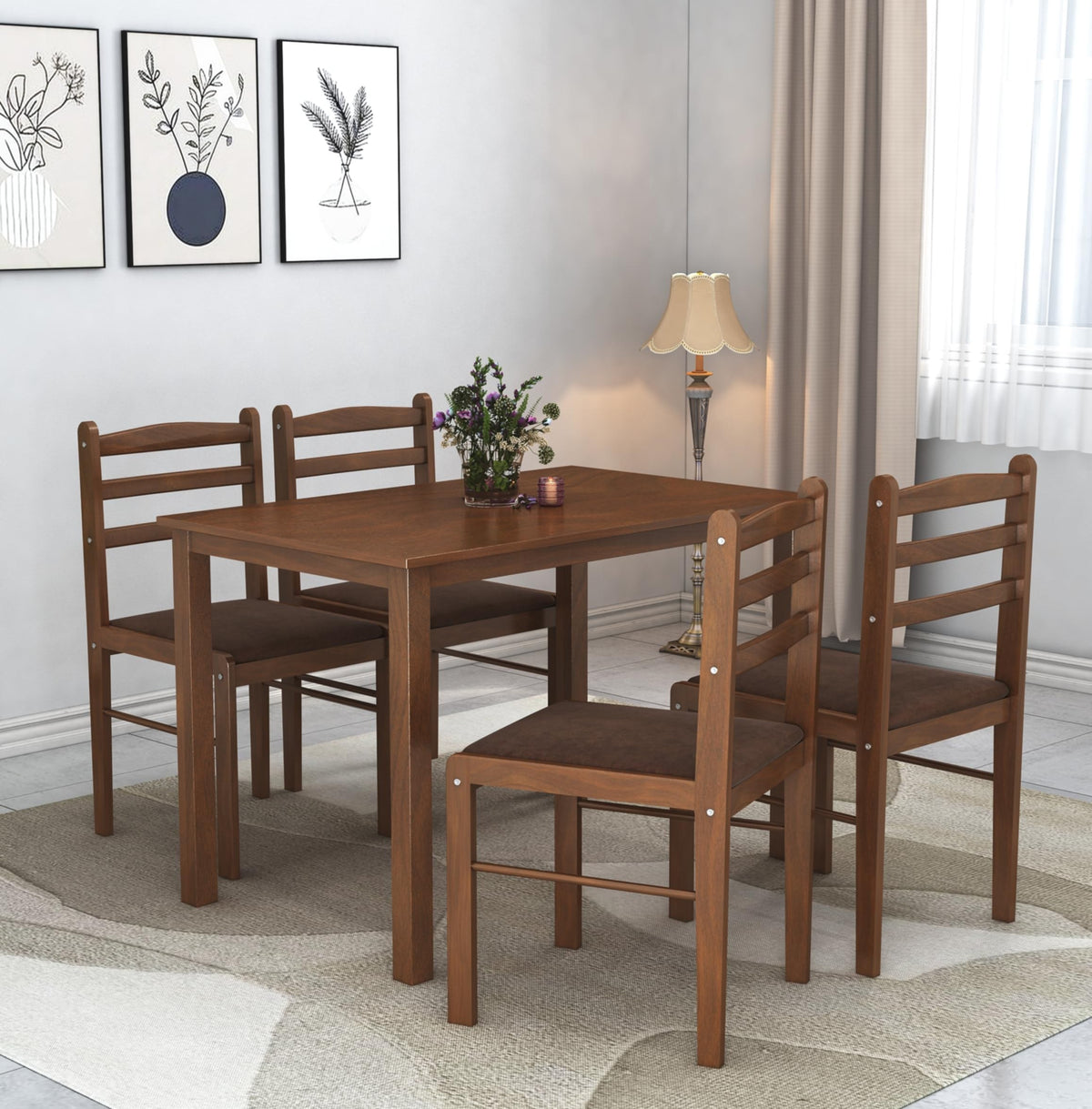 Muar 4 Seater Solid Wood Dining Set - Natural Finish, Brown Cushions
