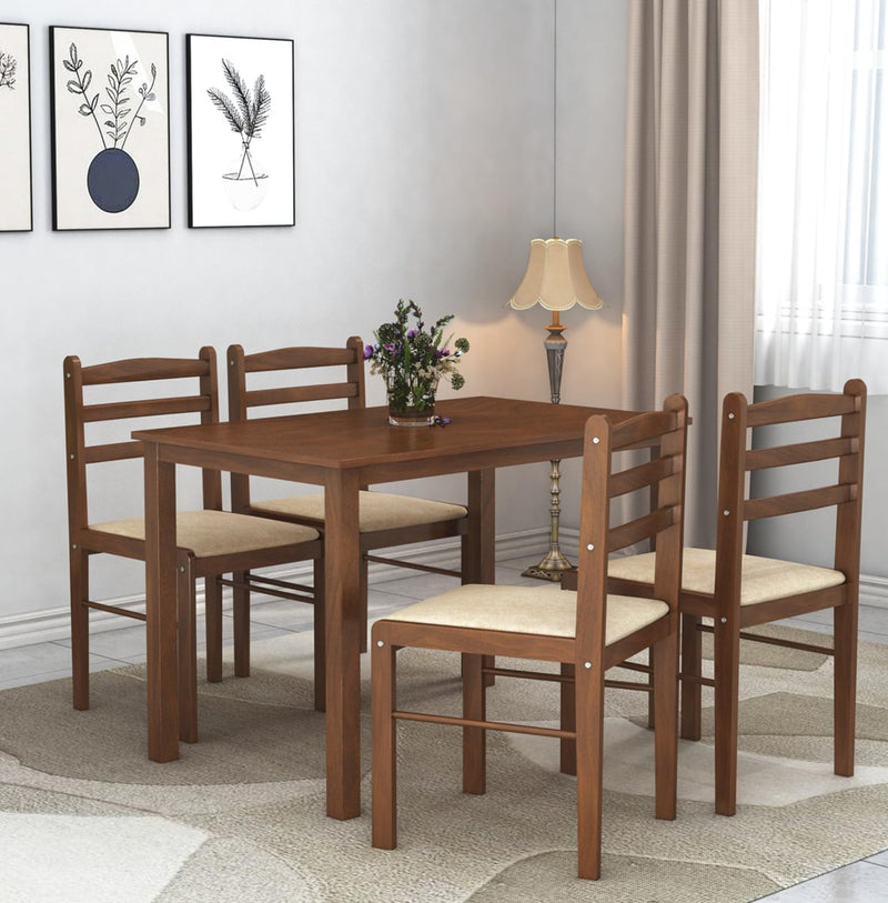 Muar 4 Seater Solid Wood Dining Set - Natural Finish, White Cushions