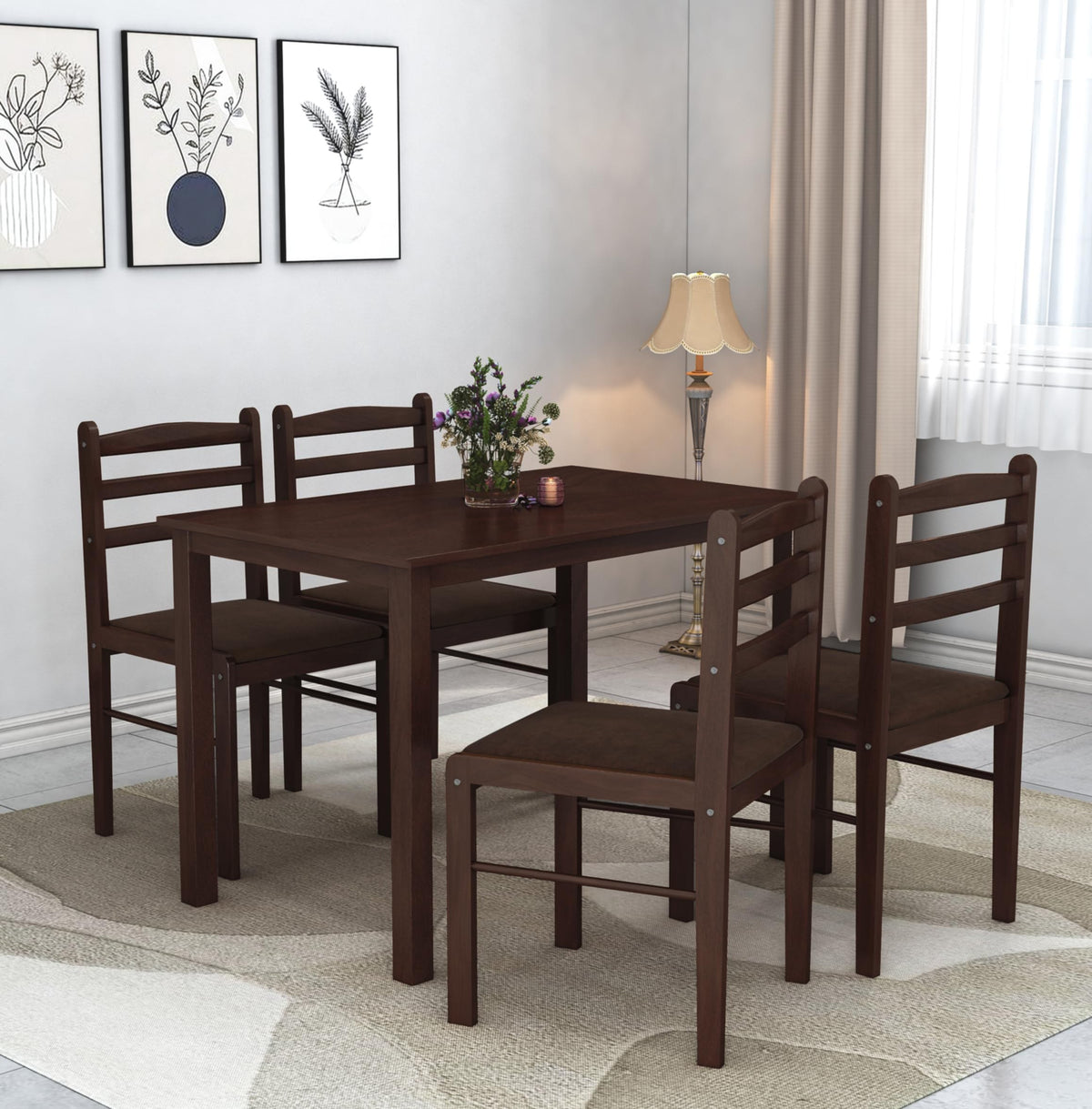 Malaysian Muar 4 Seater Dining Table Set - Brown Cushions, Dark Walnut