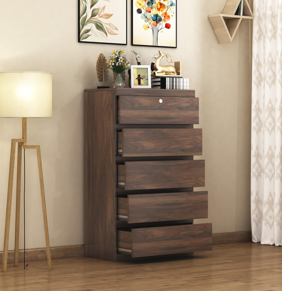 Sera 5 Drawer Chest of Drawers - Mocha Walnut