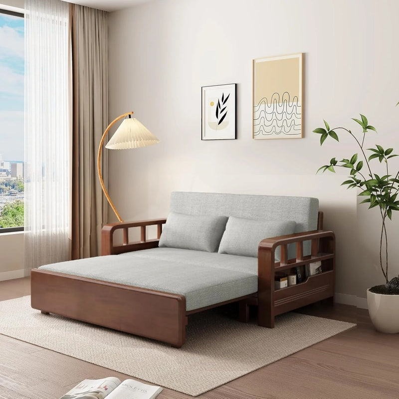Sofa Cum Bed in Ash Grey fabric with storage arms