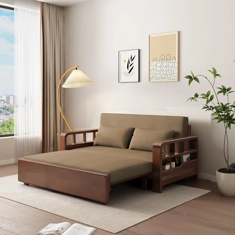 Sofa Cum Bed in Coffee fabric with storage arms