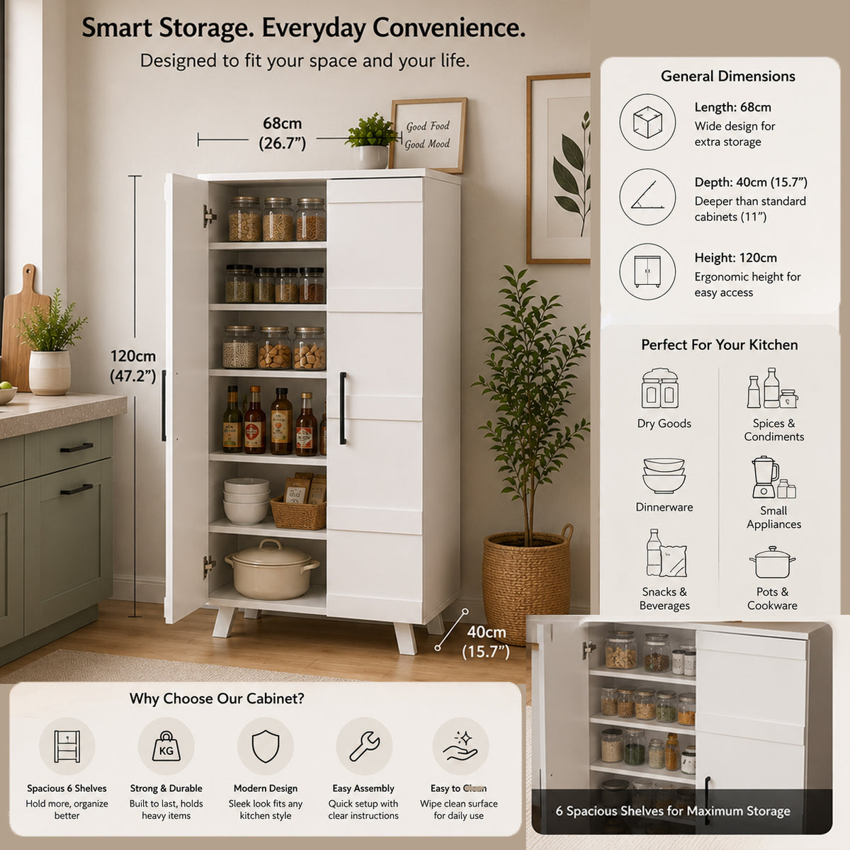 Furniva Thyme Kitchen Cabinet - dimension and shelf detail