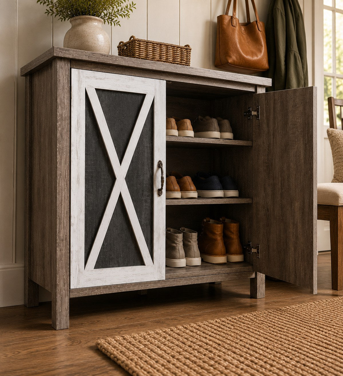 Willowbrook Farmhouse Shoe Cabinet - Rustic Oak and White
