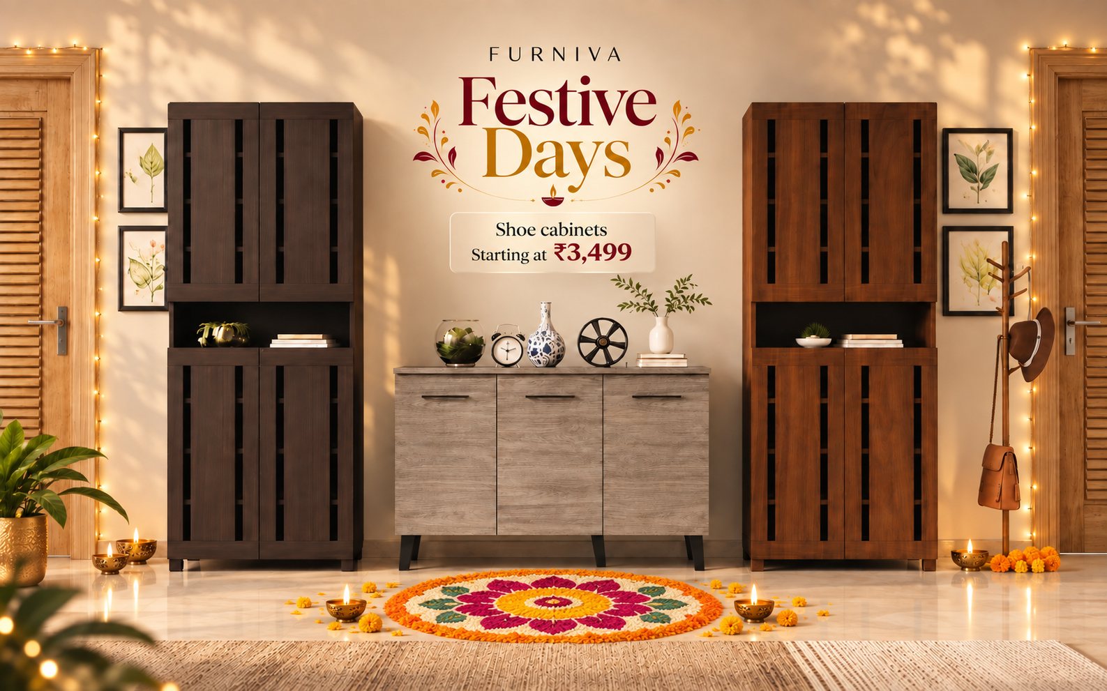 Furniva Festive Days: shoe cabinets in a lamp-lit entrance hall with a rangoli and diyas