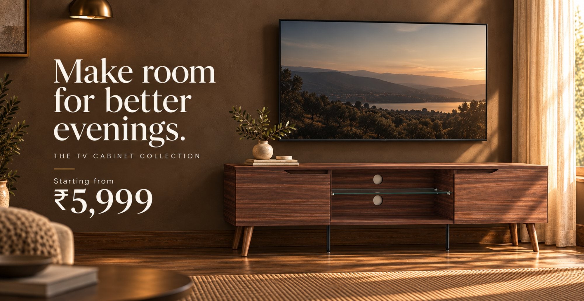 A walnut TV cabinet under a wall-mounted TV in a warm living room: Make room for better evenings, the TV cabinet collection