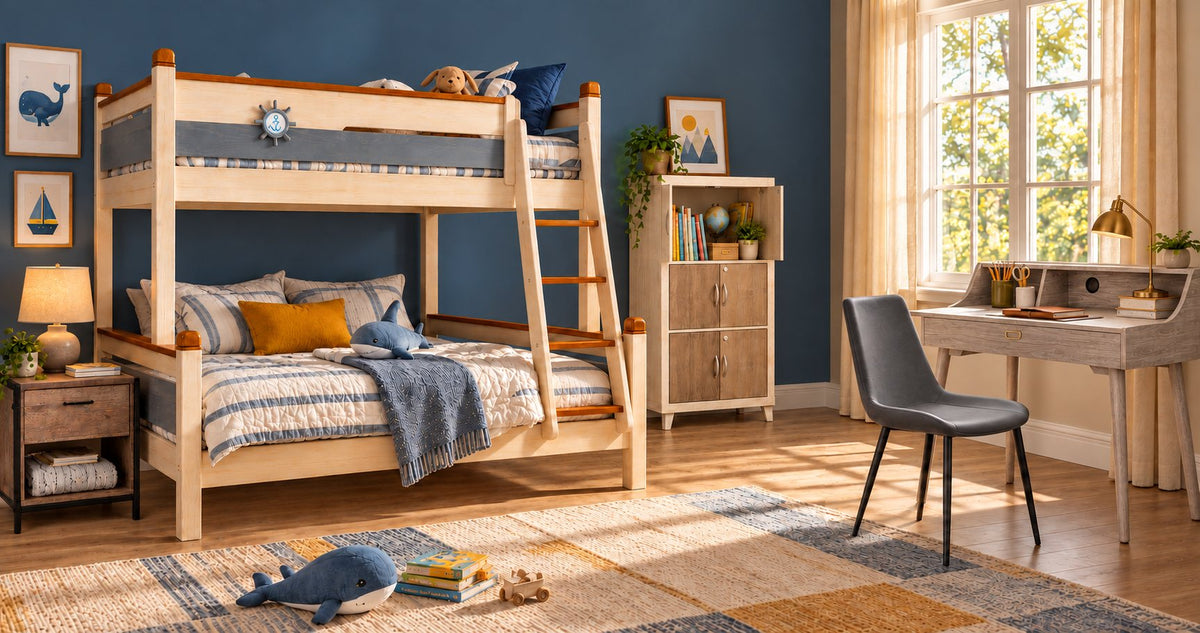A kids' room with the Ocean Adventure bunk bed, a Nova bookcase, a Sierra bedside table and an Aero study desk with a Milano chair