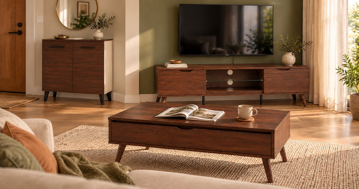 A living room with a walnut Zenith TV unit, a Slate two-door cabinet by the door and a Tatami coffee table on a jute rug