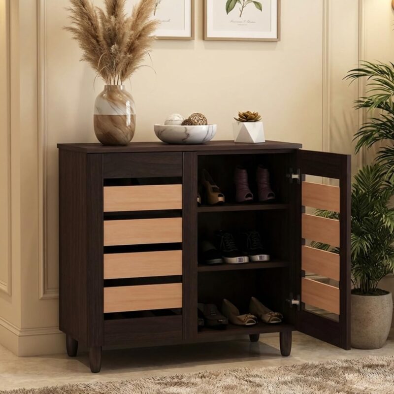 Furniva Pop Wenge Finish Shoe Rack Cabinet | Engineered Wood | Two Tone Design | Space-Saving Shoe Organizer | Fits Up to 10-12 Pairs | Yellow & Brown
