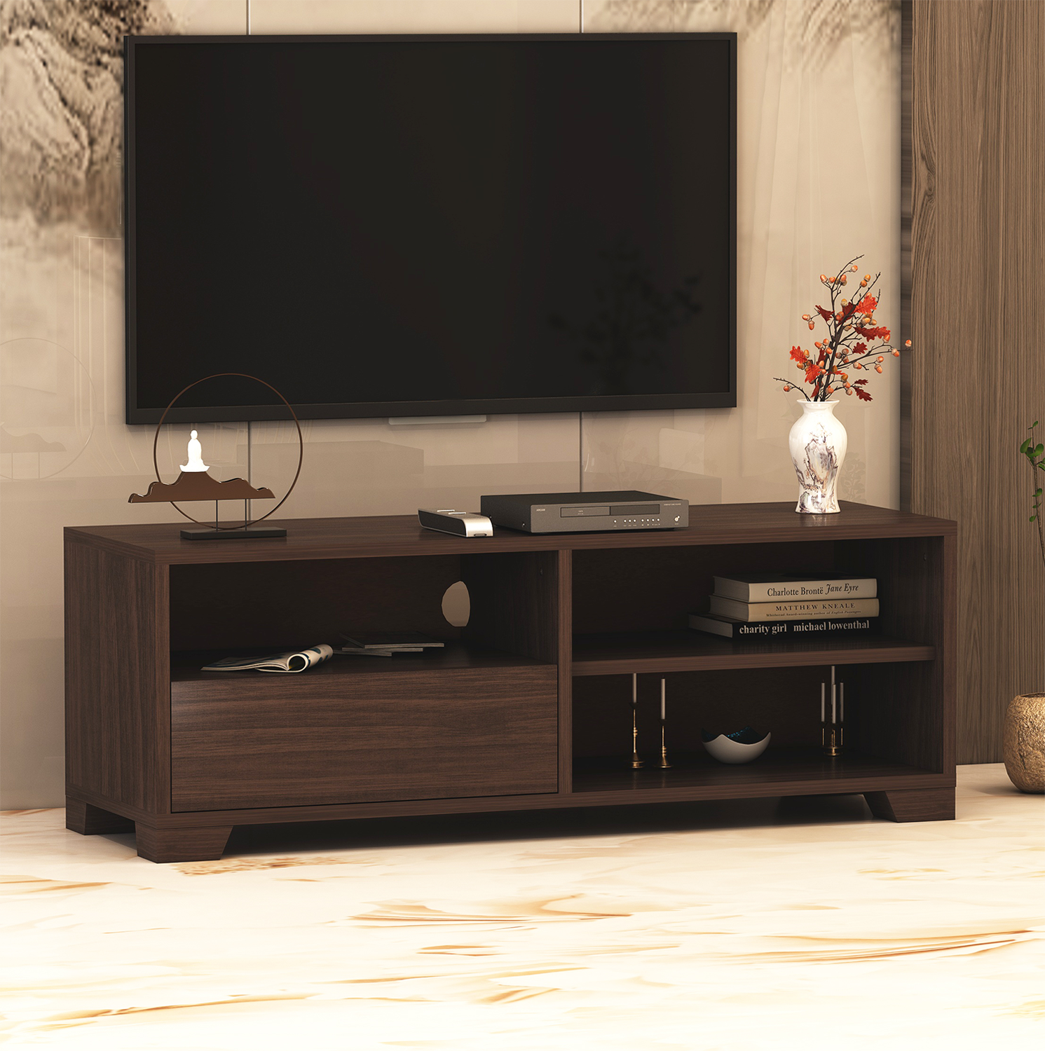 Furniva Engineered Wood Modern TV Unit CabinetTV Entertatinment Unit and Set Top Box Stand Open Shelves for Books and Decor Display Unit with Sliding Closed Drawer Caramel Brown 1 Price India, Buy Online Now!