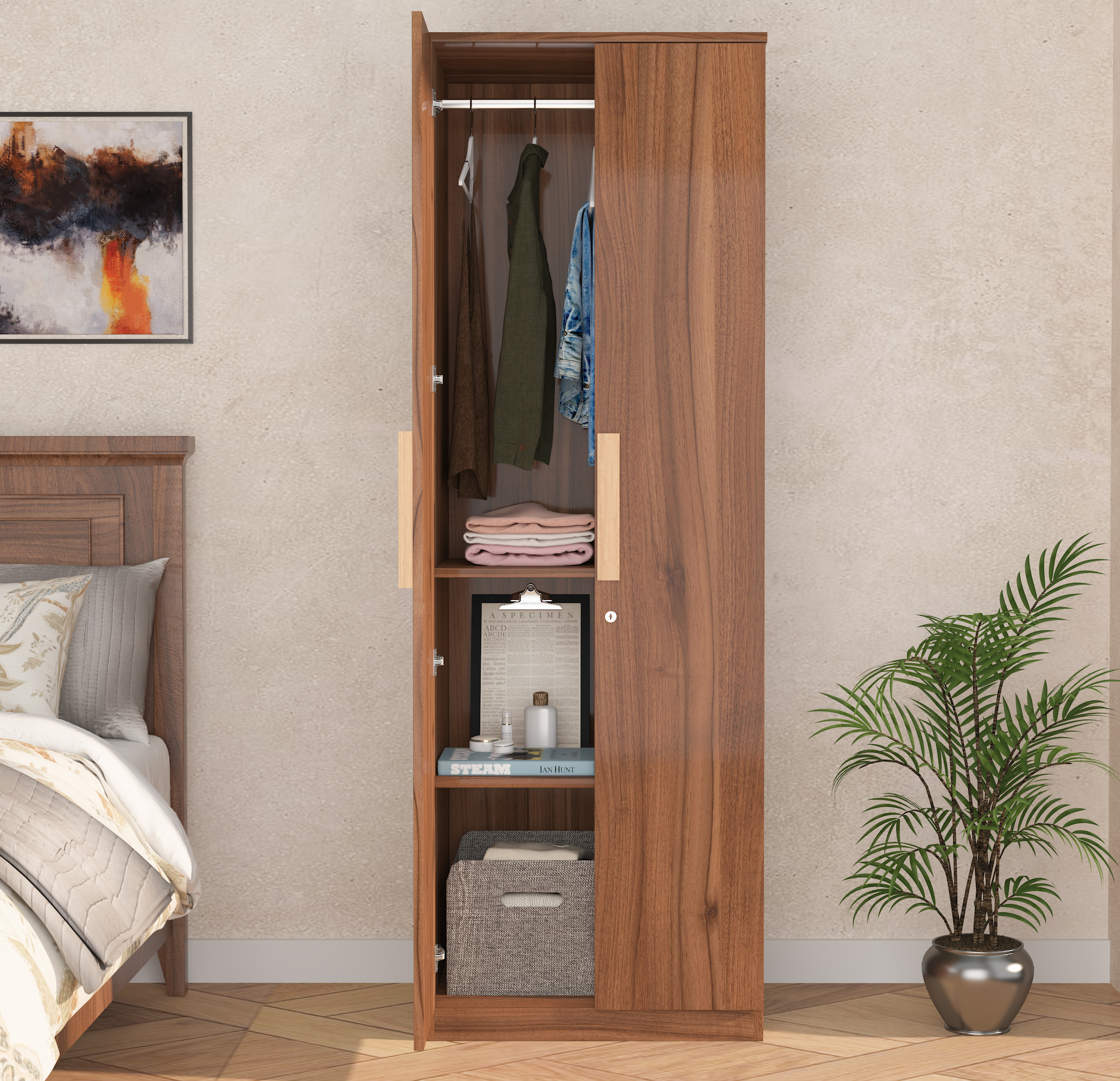 Furniva Nexa Two Door Wooden Wardrobe with Hanging Rod & Wooden Handles – Lyon Walnut