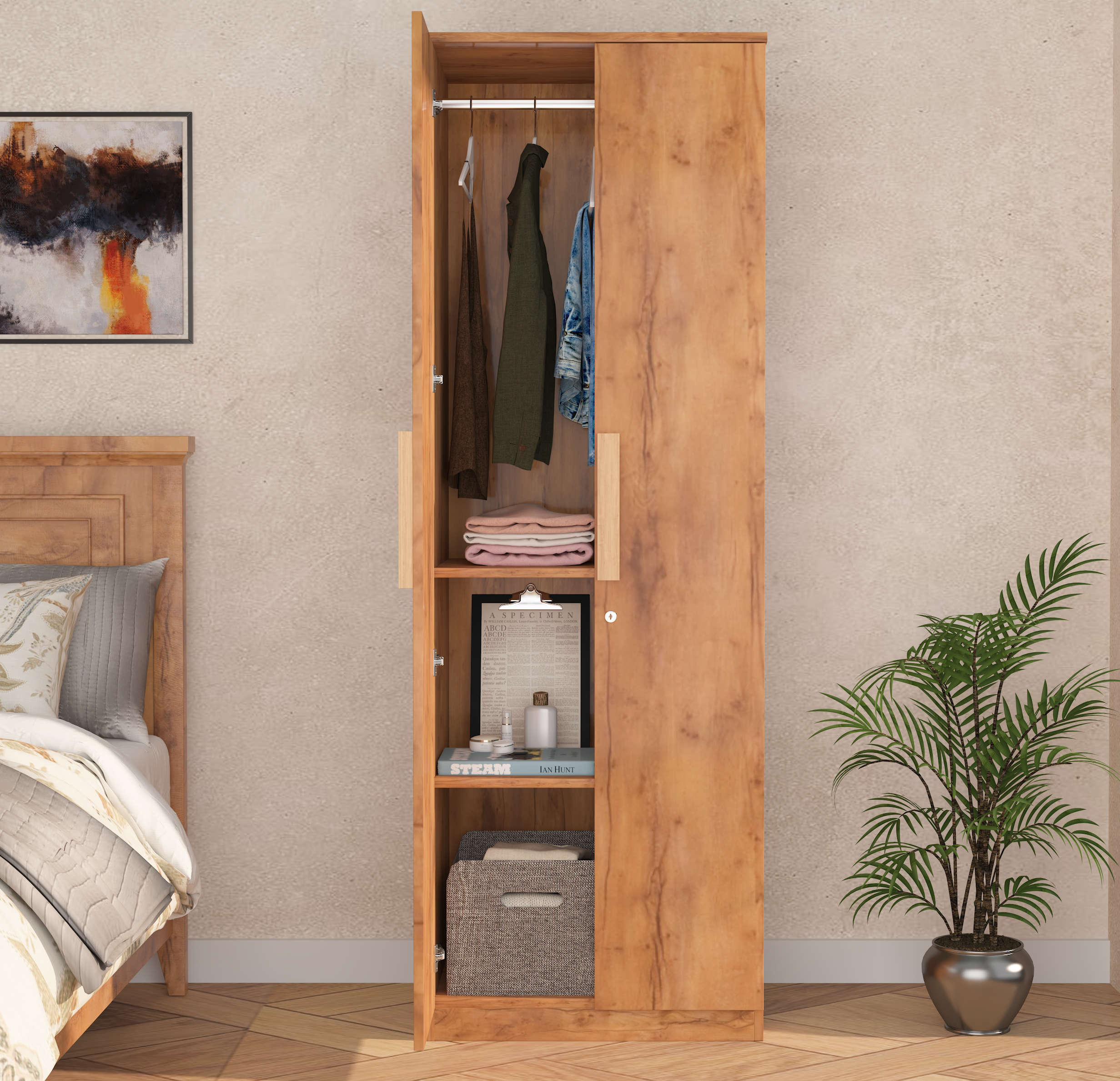 Furniva Nexa Two Door Wooden Wardrobe with Hanging Rod & Wooden Handles – Giant Wood