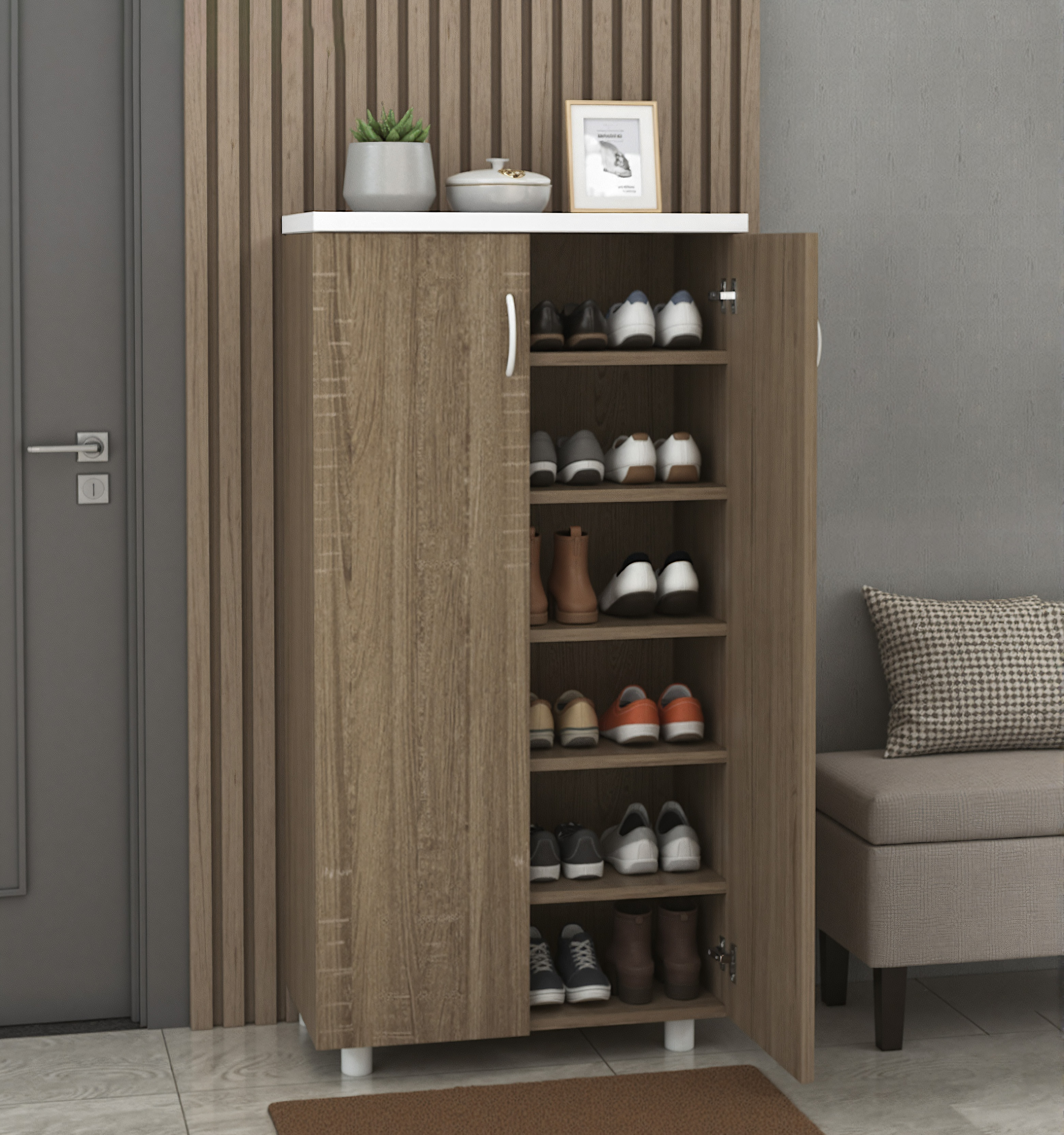 Furniva Fusion Tall Wooden Shoe Cabinet – Two-Tone Sonoma Oak & White (Fits 20 Pairs)
