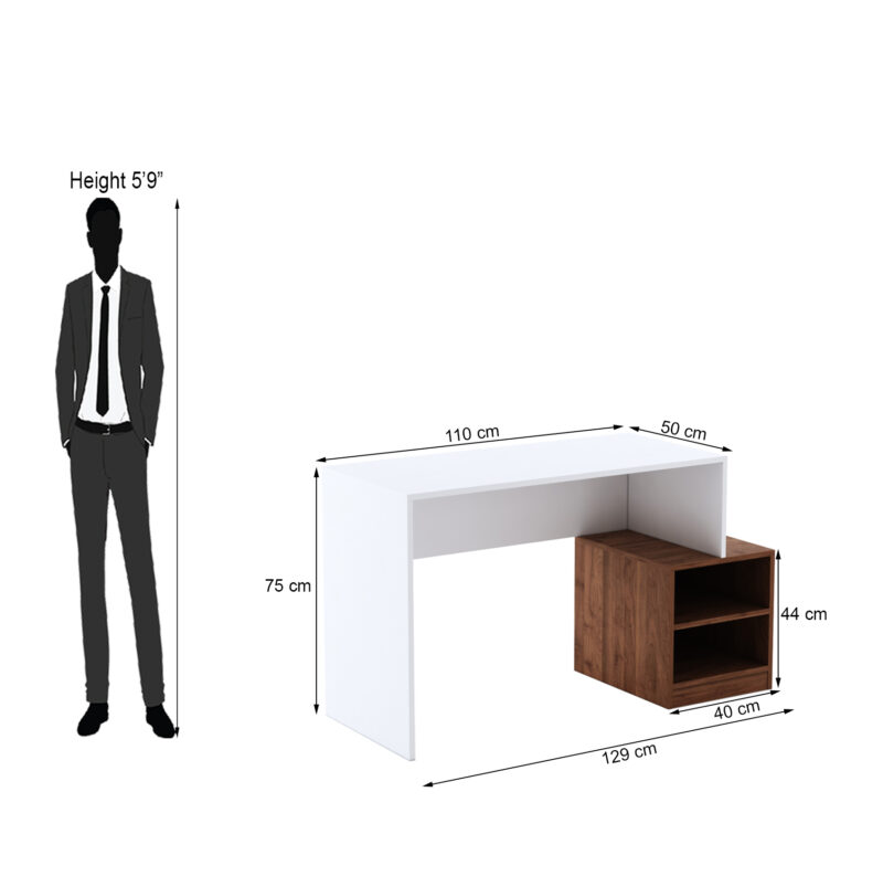 Furniva Engineered Wood Horizon Study Desk with Storage | Minimal Study Desk for Students - Frosty White and Columbia Walnut