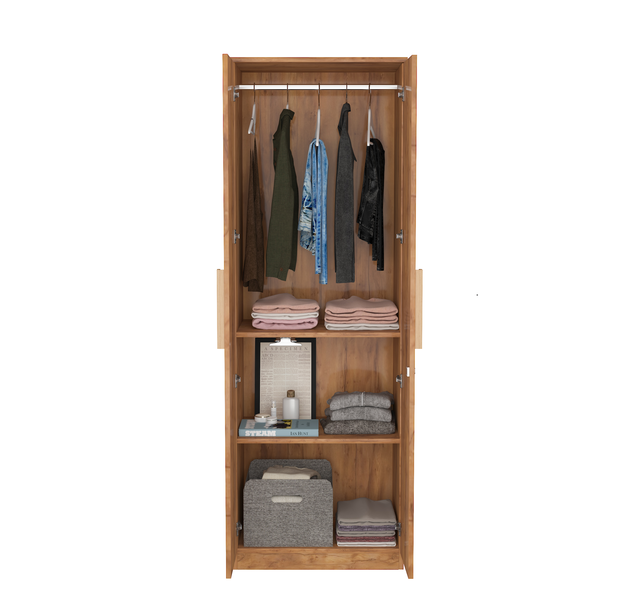 Furniva Nexa Wooden 2 Door Wardrobe with Lock | Natural Teak Finish