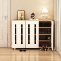Furniva Minimal Three Door Shoe Rack Cabinet with Four Shelves and Ventilated Doors in White and Sonoma Oak
