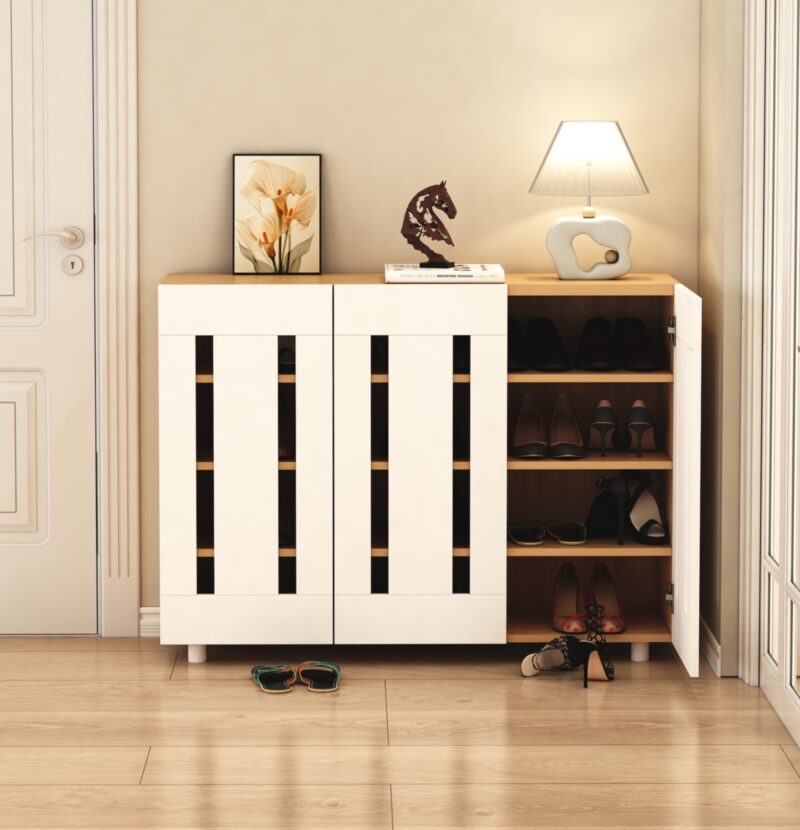 Furniva Minimal Three Door Shoe Rack Cabinet with Four Shelves and Ventilated Doors in White and Sonoma Oak