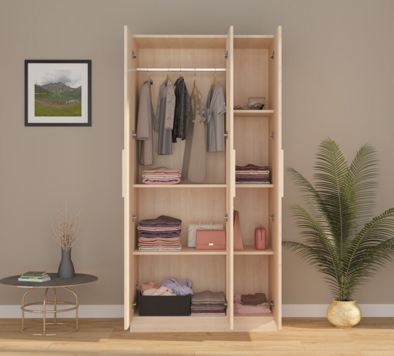 2 Furniva Wardura 3 Door Wooden Wardrobe with Hanging Rod and Extra Shelves in Lome Cherry Finish