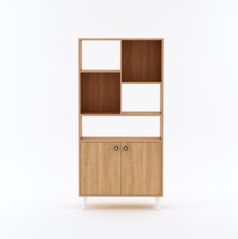 Furniva Aura Display Unit Bookshelf in Cherry Finish with Open Shelves and Two Door Cabinet