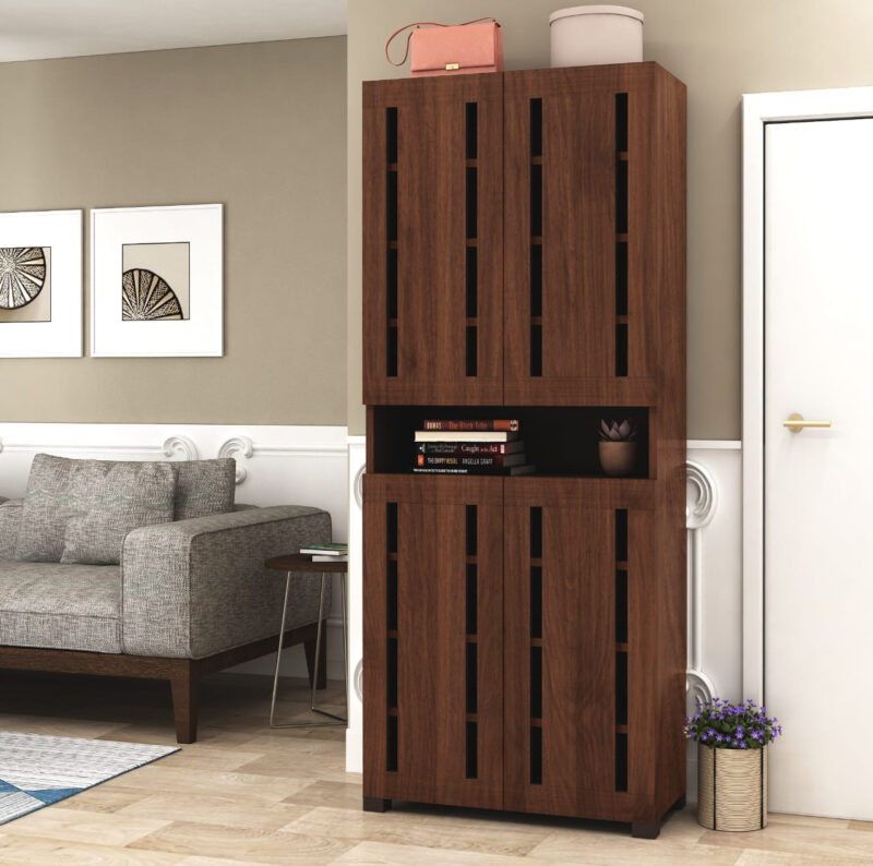 Furniva Skyline 6 Feet Wooden Shoe Rack with 2 Doors and 9 Shelves | Columbia Walnut