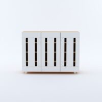 Furniva Minimal Three Door Shoe Rack Cabinet with Four Shelves and Ventilated Doors in White and Sonoma Oak