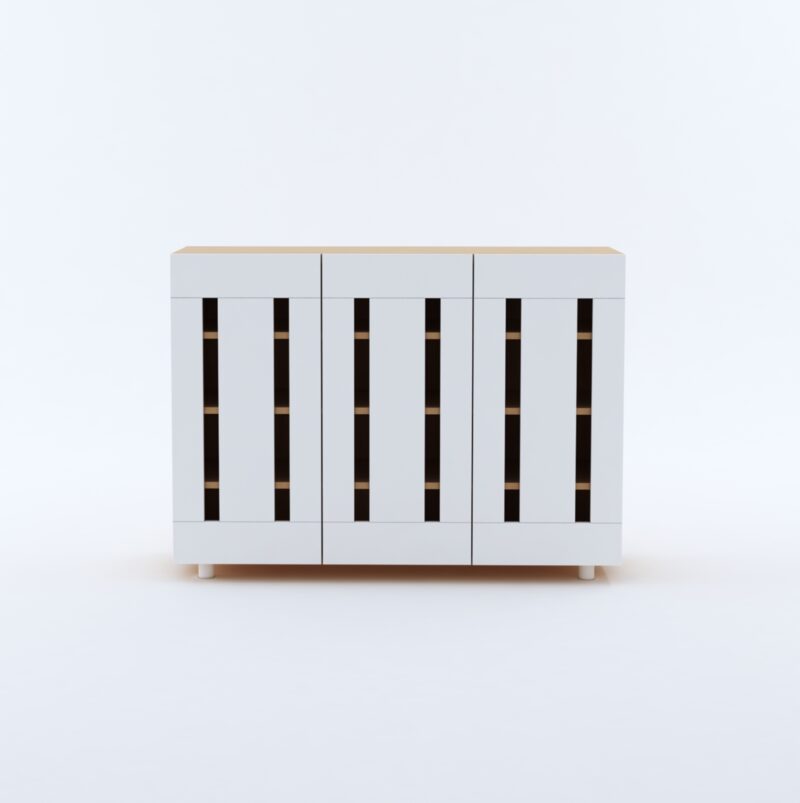 Furniva Minimal Three Door Shoe Rack Cabinet with Four Shelves and Ventilated Doors in White and Sonoma Oak