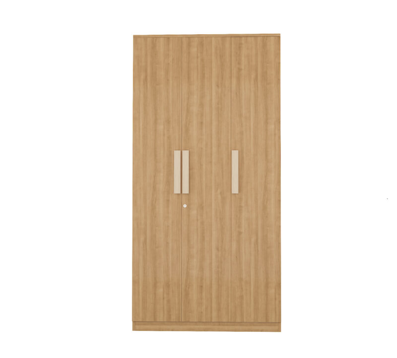 3 Furniva Wardura 3 Door Wooden Wardrobe with Hanging Rod and Extra Shelves in Lome Cherry Finish