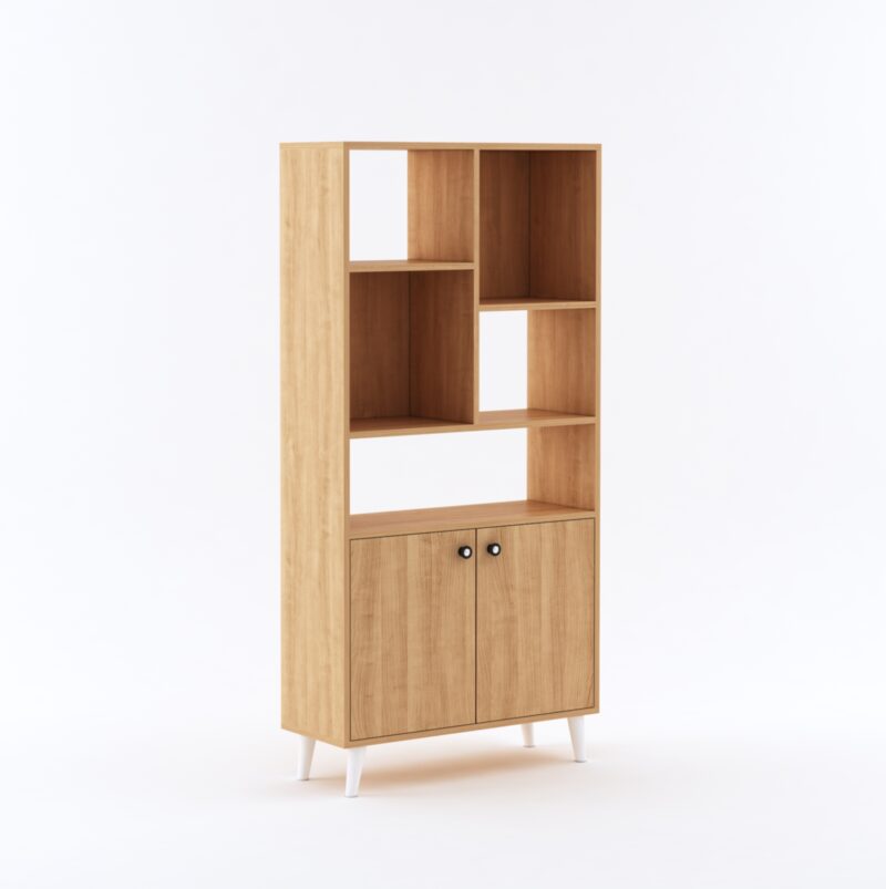 Furniva Aura Display Unit Bookshelf in Cherry Finish with Open Shelves and Two Door Cabinet