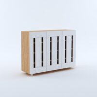 Furniva Minimal Three Door Shoe Rack Cabinet with Four Shelves and Ventilated Doors in White and Sonoma Oak