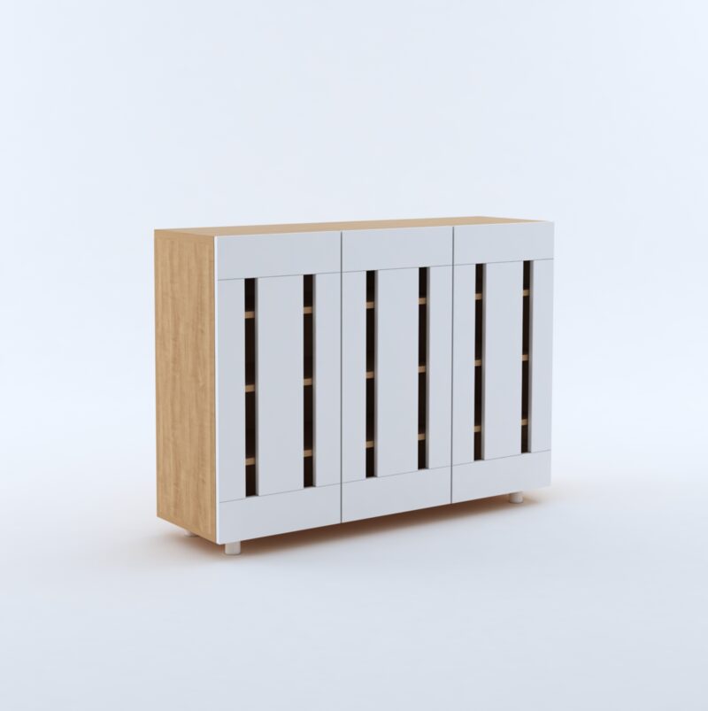 Furniva Minimal Three Door Shoe Rack Cabinet with Four Shelves and Ventilated Doors in White and Sonoma Oak
