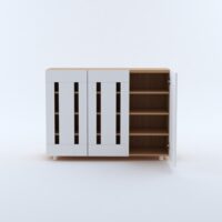 Furniva Minimal Three Door Shoe Rack Cabinet with Four Shelves and Ventilated Doors in White and Sonoma Oak
