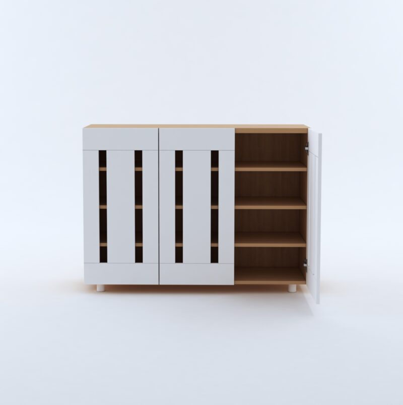 Furniva Minimal Three Door Shoe Rack Cabinet with Four Shelves and Ventilated Doors in White and Sonoma Oak